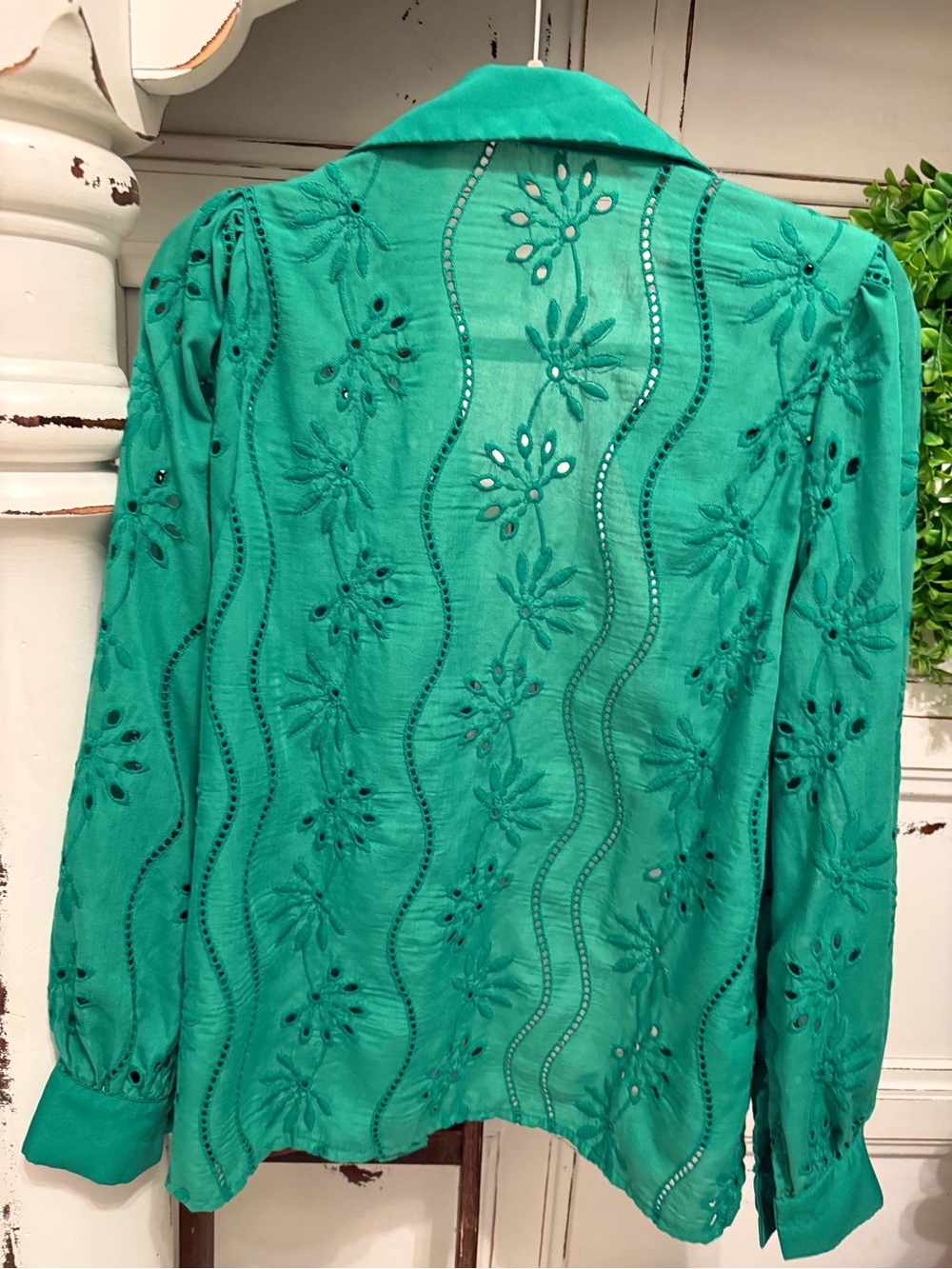 Women’s Embroidered Green Button-Front Blouse - Picture 5 of 5